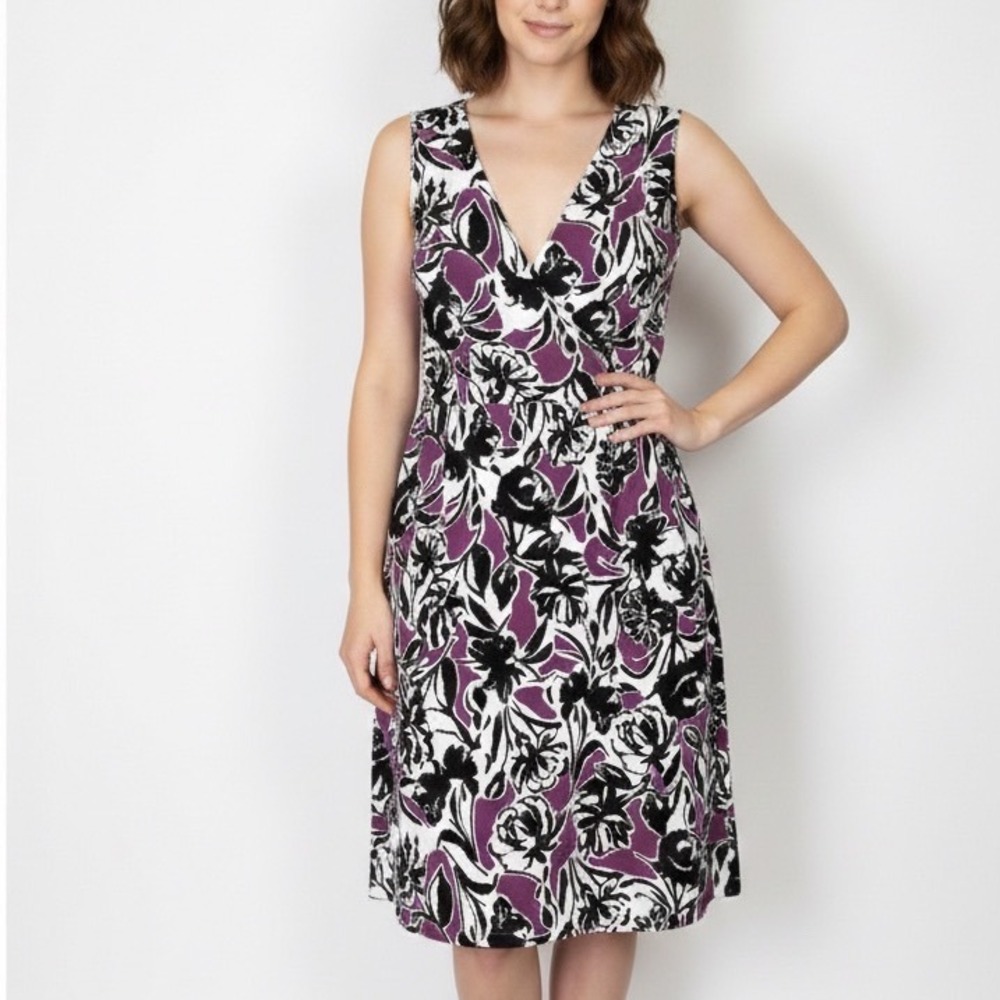 Black Label by Evan Picone Floral Print V Neck Sleeveless Midi Dress Pockets
